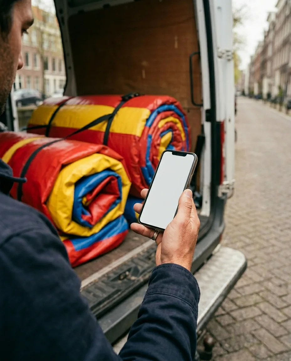 Verhuurder bekijkt een reservering op zijn telefoon bij de bus